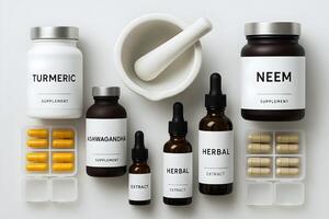 Alternative Medicine Setup with Turmeric, Neem, Ashwagandha, and Herbal Extracts, Flat Lay of Herbal Supplements and Natural Medicine Bottles on White Background photo