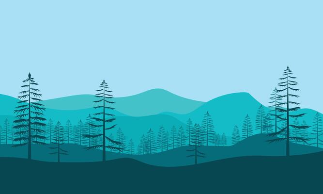 beautiful blue mountain landscape with silhouette pine trees and soft mist natural background