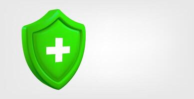 Green shield with plus sign isolated on grey background. 3d banner with copy space vector