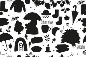 Autumn doodle silhouette seamless pattern. Cozy weather collage background vector