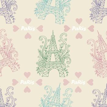 Seamless pattern with Eiffel tower and hearts. vector