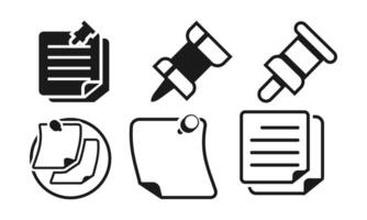 Comprehensive Set of Monochrome Office Supply Icons Including Notes, Pins, and Document Scrolls vector