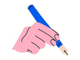 Hand drawn cute illustration hand holding fountain pen. Flat school stationery doodle. Creative process. Designer or painter. Signature or autograph. Writing a message sticker, icon. Isolated. vector