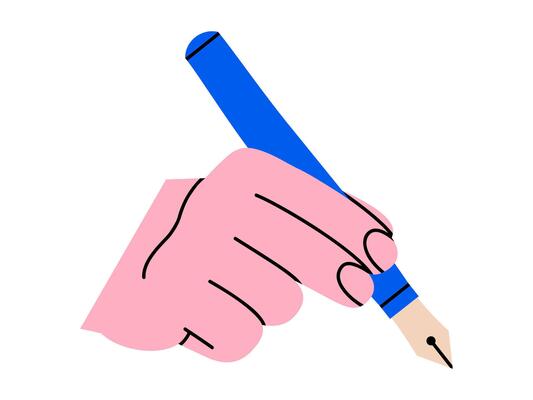 Hand drawn cute illustration hand holding fountain pen. Flat school stationery doodle. Creative process. Designer or painter. Signature or autograph. Writing a message sticker, icon. Isolated.