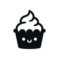 Cute cupcake icon with a smiling face. Kawaii dessert character for a bakery or sweet shop logo. Simple black silhouette isolated on white vector