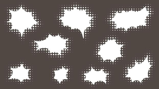 cómic habla burbujas en trama de semitonos estilo resumen formas conjunto de blanco formas en negro antecedentes para mensajes, textos, frases, citas. retro estilo diálogo caja, elemento. vector