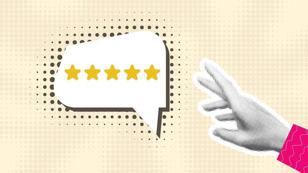 Feedback from the user of application or the customer of the store. Modern collage of user s assessment of service in halftone style. Five stars to rate, graphics vector