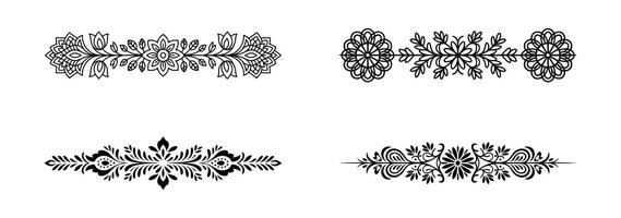 Collection of four ornate black floral decorative borders isolated on white background vector