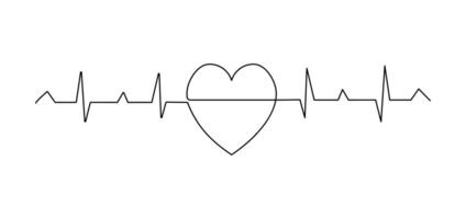 Heart Shape with Pulse Trace. Continuous Line Art of Love Symbol and Heartbeat Line vector