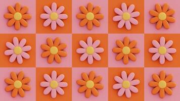 Summer 3d horizontal loop animation flower happy positive daisy checkers textured orthographic pattern layer retro doodle groovy cartoon poster banner sale vibrant orange pink sunset colors background video