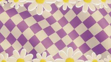 Summer 3D horizontal loop animation flower daisy checkers textured pattern layer retro doodle groovy cartoon poster banner frame sale trendy vintage hippie vibe cool pastel purple yellow backgrounds video