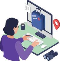 Woman browsing travel luggage online with desktop computer and travel icons illustration vector