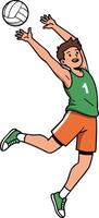 Boy jumping to hit volleyball in green jersey and orange shorts active sports player illustration vector