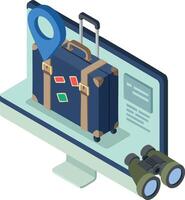 Travel planning concept with luggage, computer screen, binoculars, and location marker for vacation and trip preparation ideas vector
