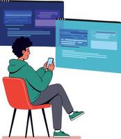 Young man using smartphone with floating programming code windows in modern digital workspace environment illustration vector