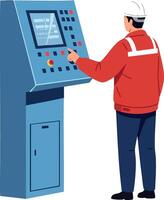 Industrial worker operating control panel machine in factory environment wearing safety helmet and red jacket illustration vector