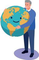 Man hugging happy smiling earth globe showing environmental care and global love illustration vector