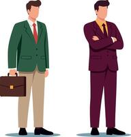 Two professional businessmen standing with briefcase and crossed arms in formal suits for office work or corporate environment illustration vector