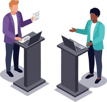 Two people debating at podiums with laptops presenting arguments in professional conference setting illustration vector