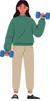 Woman exercising with blue dumbbells in green sweater and beige pants fitness and healthy lifestyle illustration vector