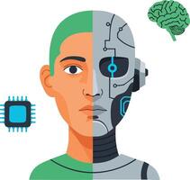 Human and robot face split with microchip and brain technology artificial intelligence concept illustration vector