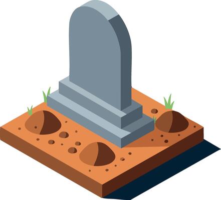 Gravestone with fresh soil mounds and grass in isometric style for cemetery or memorial concept illustration