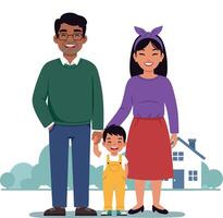 Family holding hands standing outside house with smiling parents and child happy together lifestyle illustration vector
