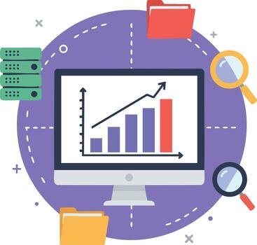 Computer monitor with business growth chart and data analysis icons in flat style illustration vector