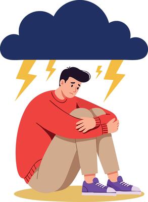 Young man feeling sad and worried under dark storm cloud with lightning bolts illustration