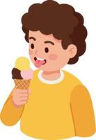 Child eating ice cream cone with yellow sweater enjoying summer treat in style illustration vector