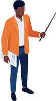Man in orange jacket holding pointer and newspaper standing isolated design for business presentation or teaching concept vector
