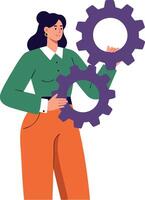 Woman holding purple gears symbolizing technology and innovation with green shirt and orange pants illustration vector