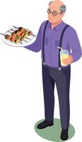 Elderly man holding plate with barbecue skewers and glass of juice illustration in casual purple shirt and suspenders vector