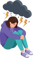 Sad young woman sitting under storm cloud feeling anxious and depressed illustration vector
