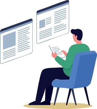Man sitting on chair reading documents with floating digital screens modern technology illustration vector