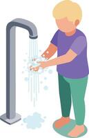 Child washing hands under outdoor faucet with flowing water in casual clothing barefoot hygiene practice vector