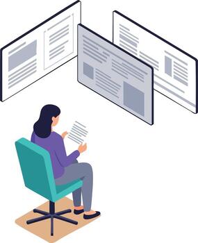 Woman sitting on chair reading documents with multiple digital screens displaying information illustration vector
