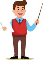 Man teacher smiling and holding pointer stick with paper in casual office outfit happy expression illustration vector