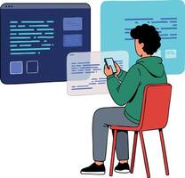 Young man coding on smartphone with digital code screens around him in casual clothing sitting on red chair vector