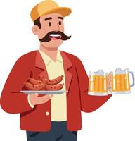 Man holding grilled sausages and beer mugs casual outfit smiling happy lifestyle illustration vector