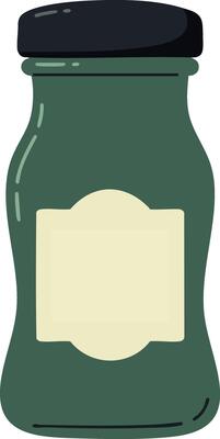 Green glass spice jar with black lid and blank label illustration isolated on white background