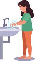 Girl washing hands at sink practicing hygiene and cleanliness in daily routine illustration vector