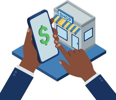 manos utilizando teléfono inteligente para en línea pago con tienda edificio isométrica ilustración vector