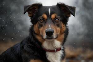 A dog is looking at the camera in the rain photo