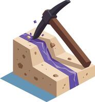 Pickaxe breaking rock with purple crystal vein mining illustration in isometric style for game or design projects vector