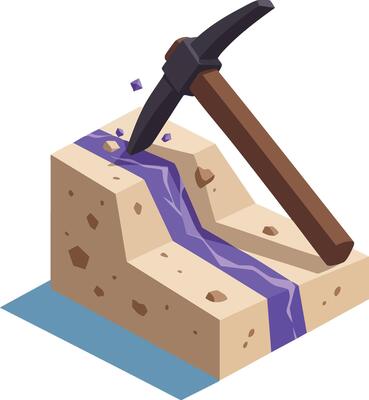 Pickaxe breaking rock with purple crystal vein mining illustration in isometric style for game or design projects