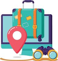 Travel suitcase with location pin and binoculars on computer screen for journey planning and tourism illustration vector