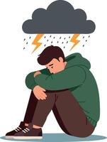 Sad man sitting with head down under storm cloud with lightning and rain illustration of depression and loneliness vector