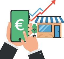 Mobile phone with euro currency symbol and rising arrow showing small business growth and financial success illustration vector