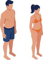 illustration of young man and woman in swimwear standing side by side summer beachwear casual style vector